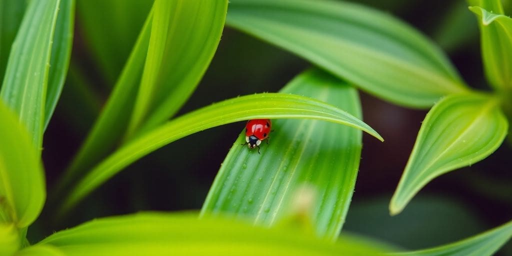 Red ladybug on vibrant green leaf