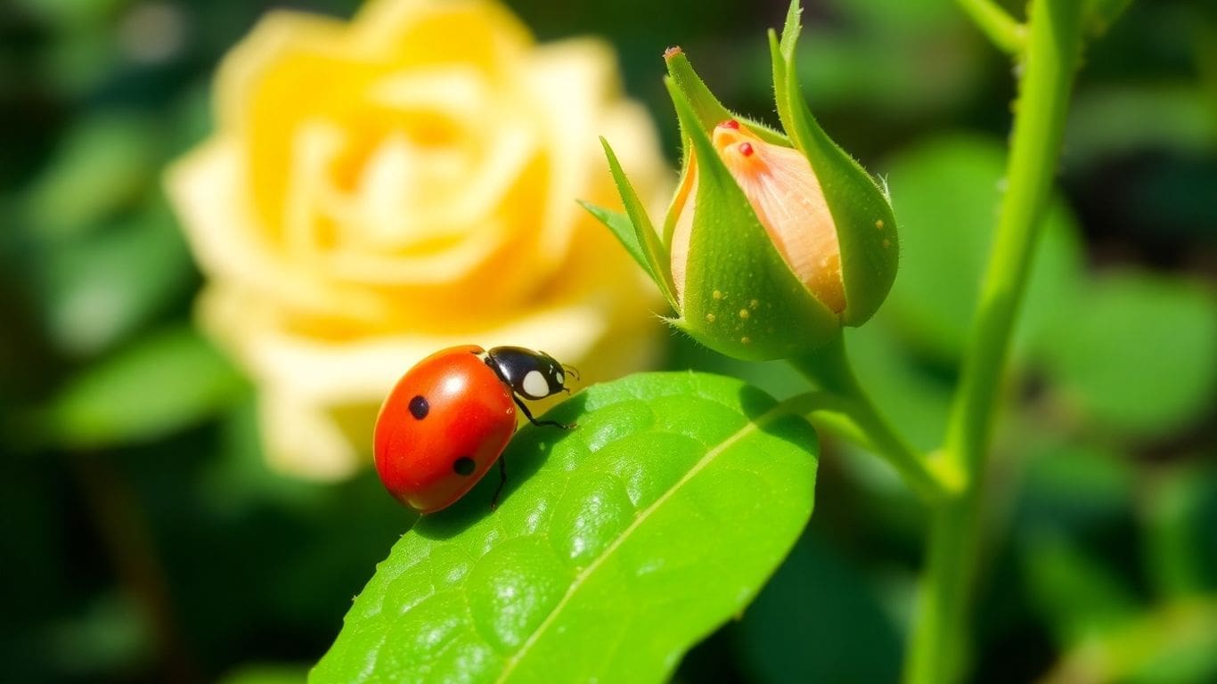 ladybug on green leaf near yellow rose and bud