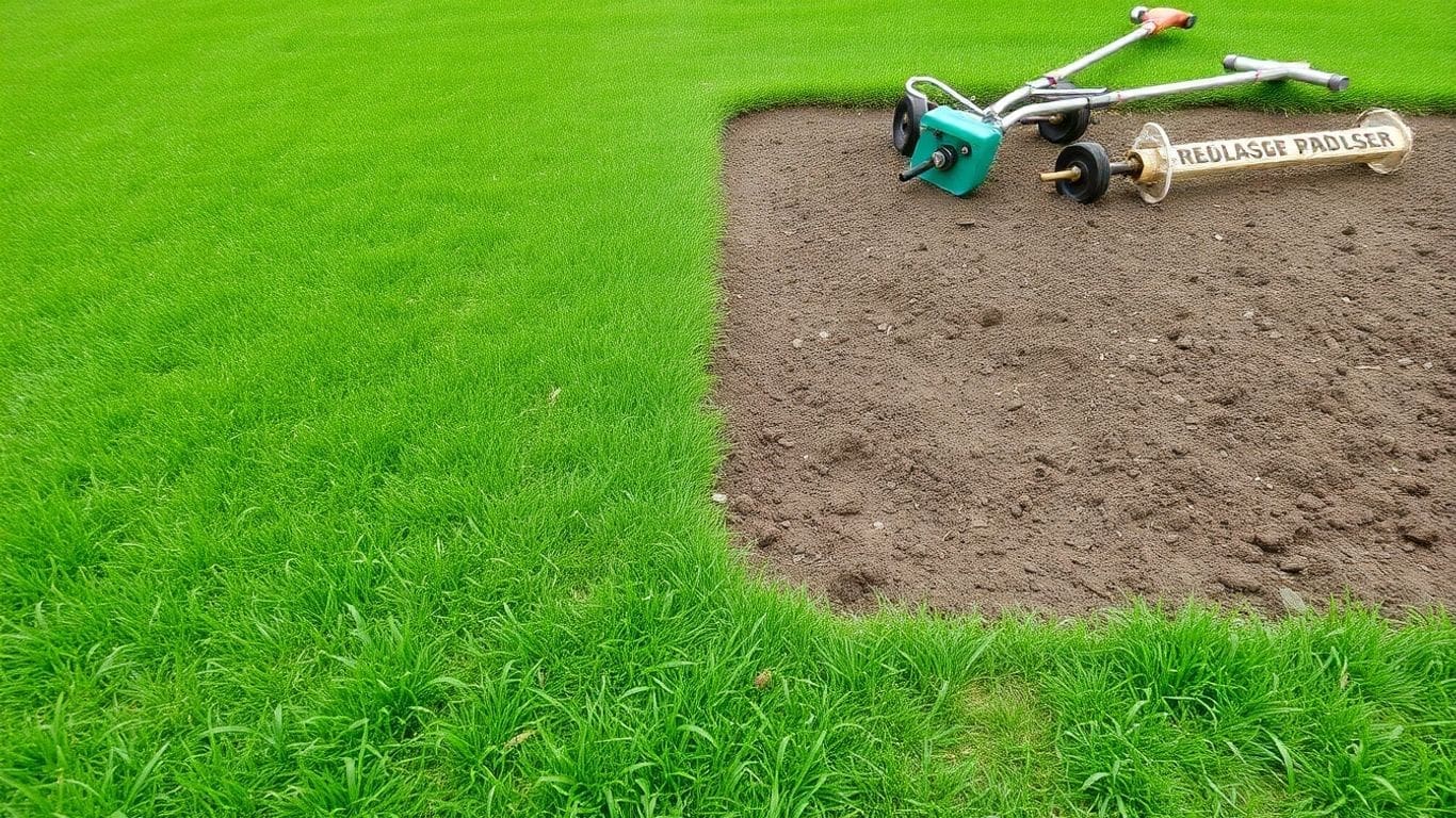 green lawn next to compacted soil with aeration tools