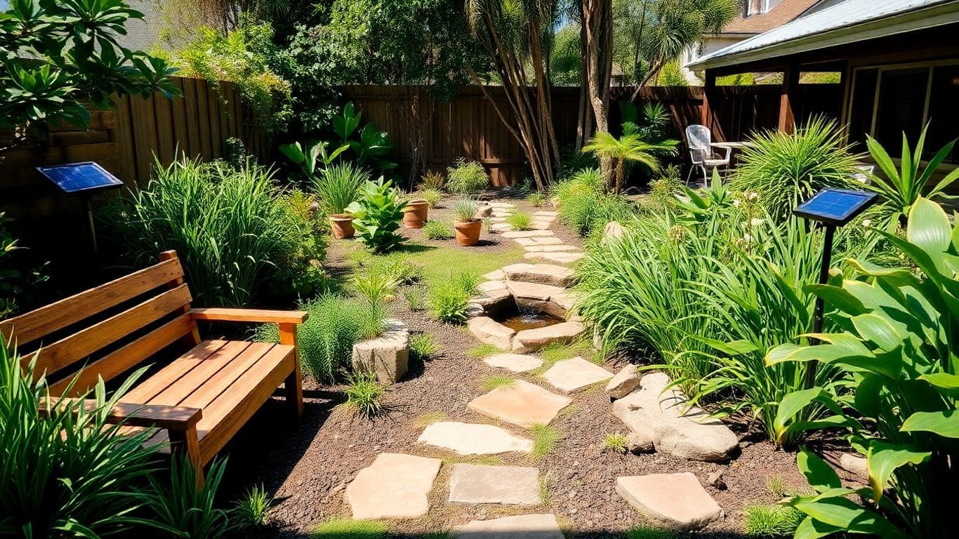 backyard garden with wooden bench, stone path, and solar lights