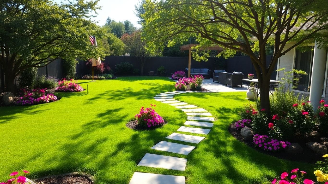 lush backyard with stone path, vibrant flowers, and trees