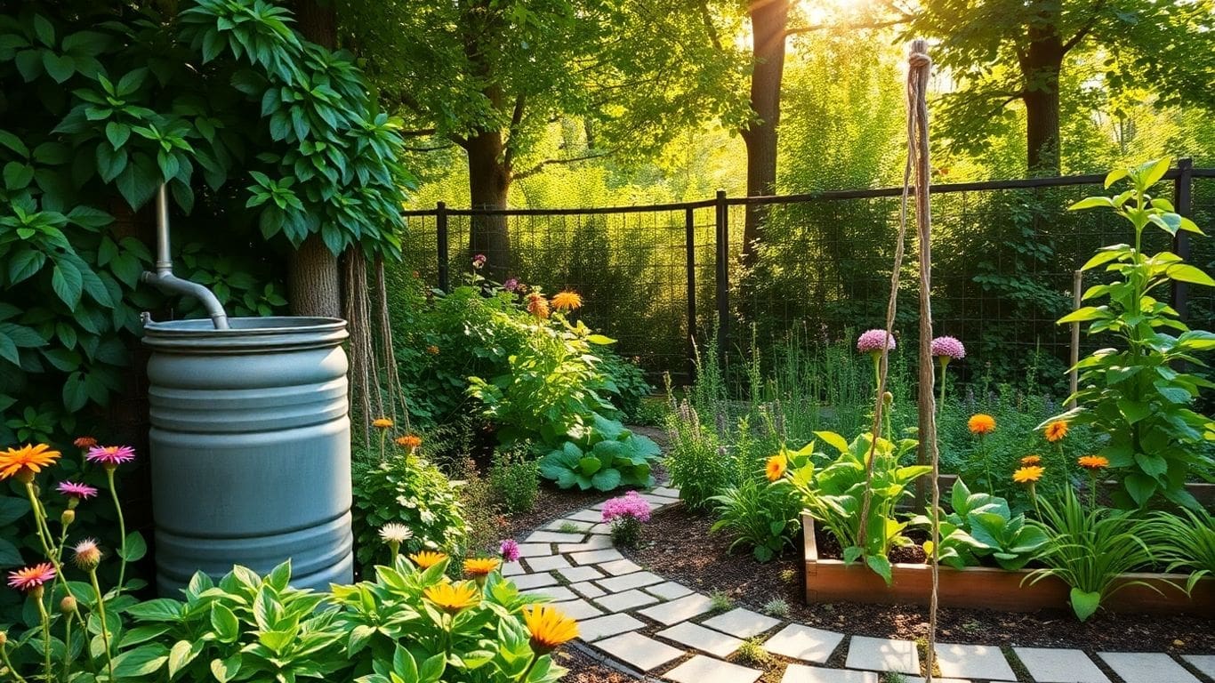 lush garden with rain barrel and stone path in sunlight