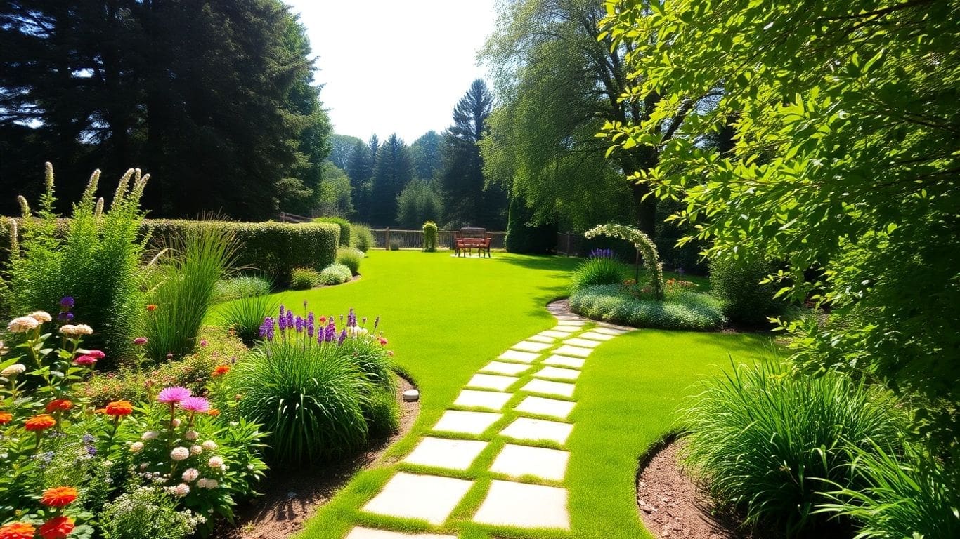 lush garden with stone path, colorful flowers, and wooden bench