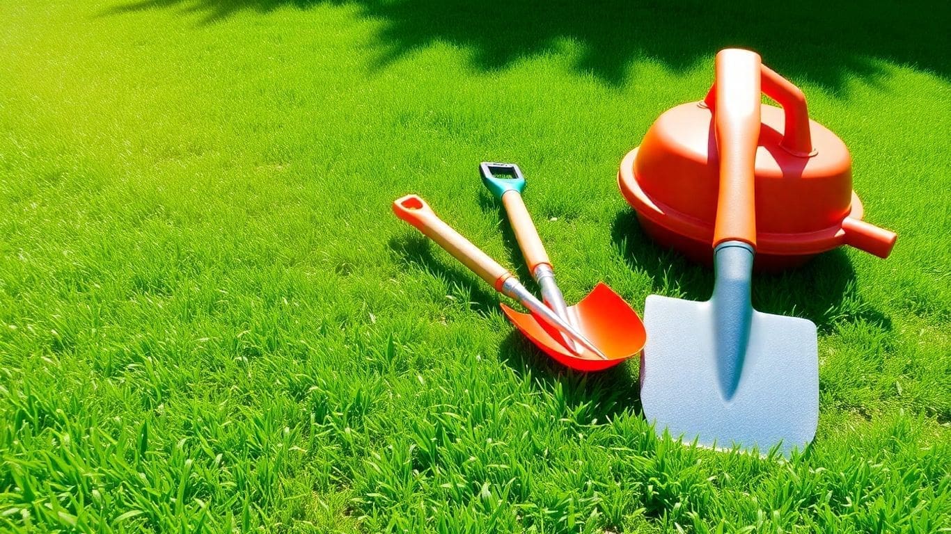 garden tools including shovel and trowel on green lawn