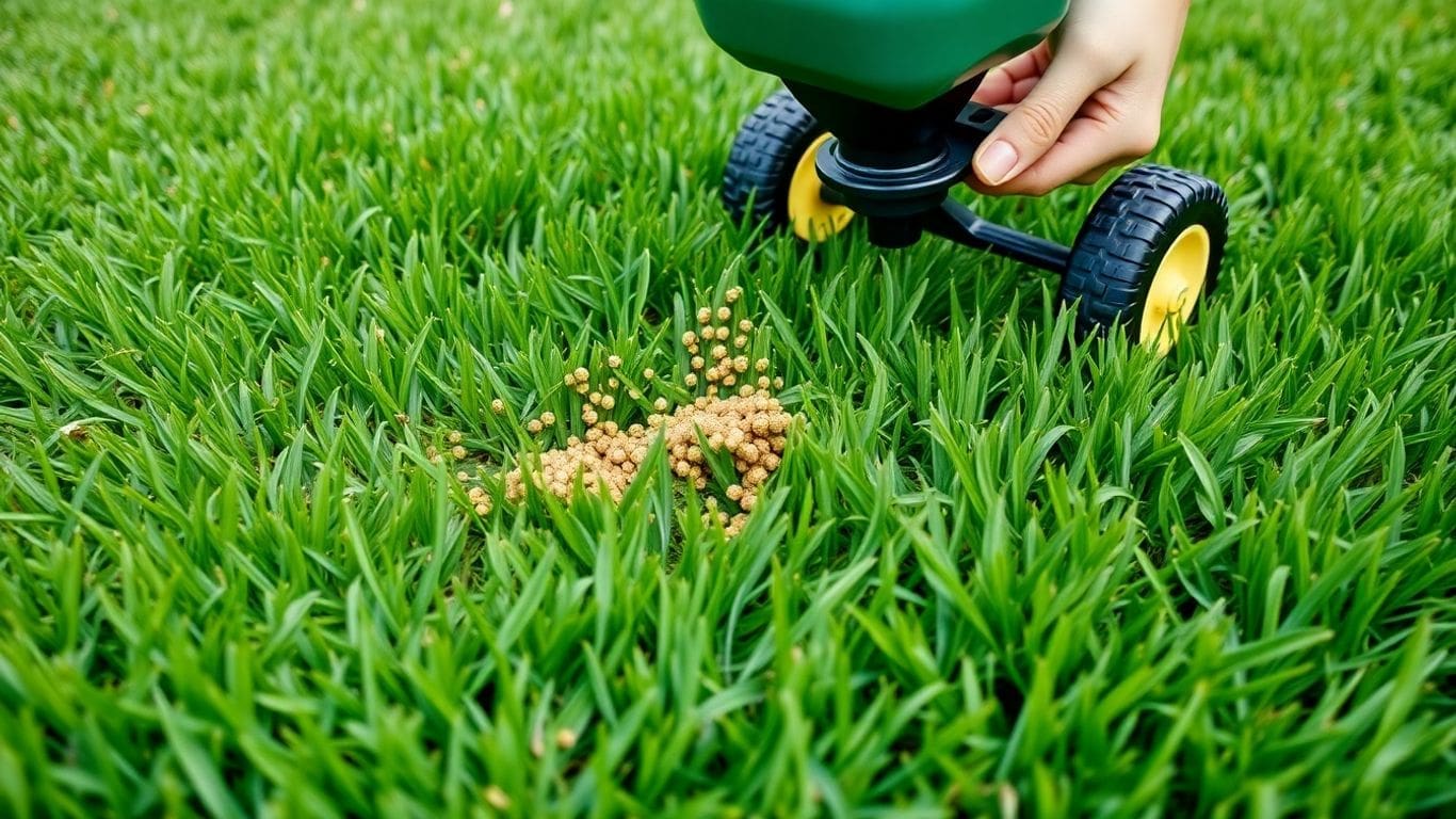 Hand using spreader to apply fertilizer granules on grass