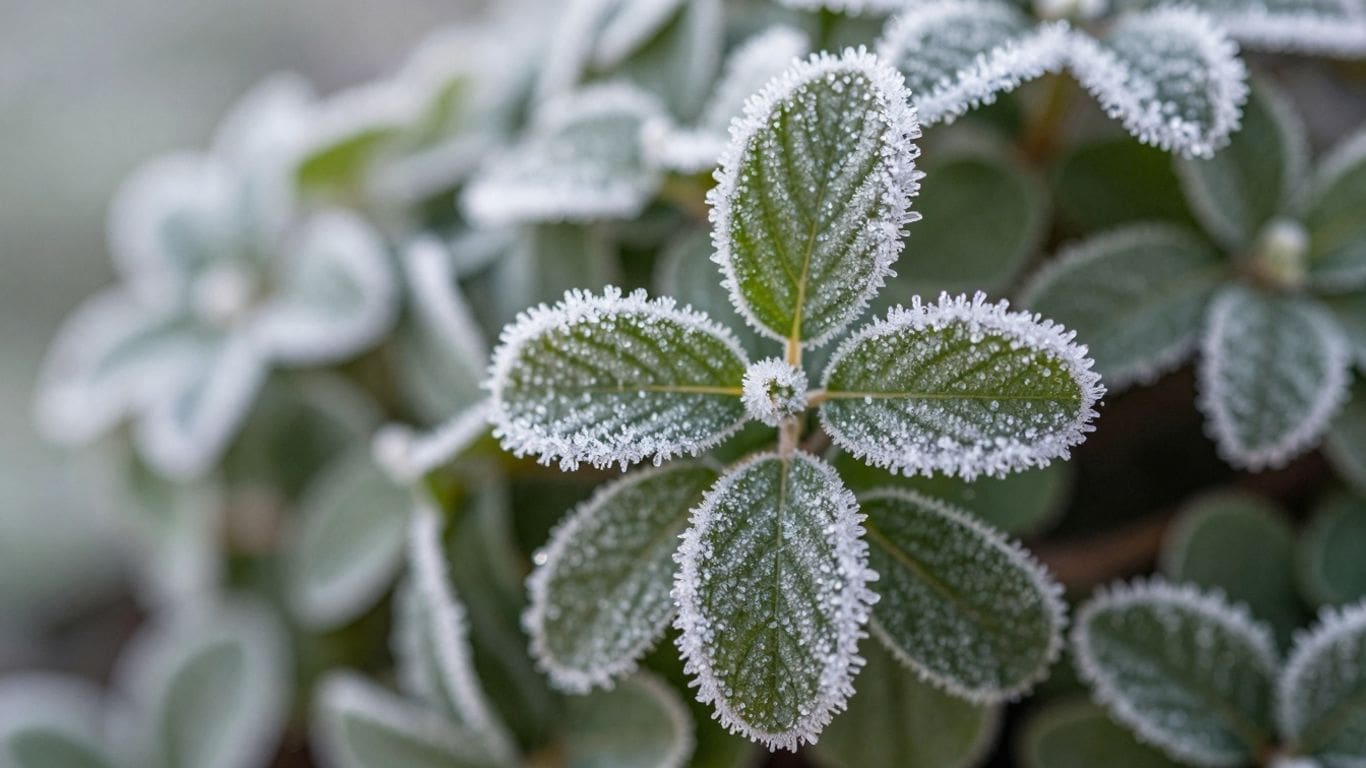 Close-up of frost-covered green leaves
