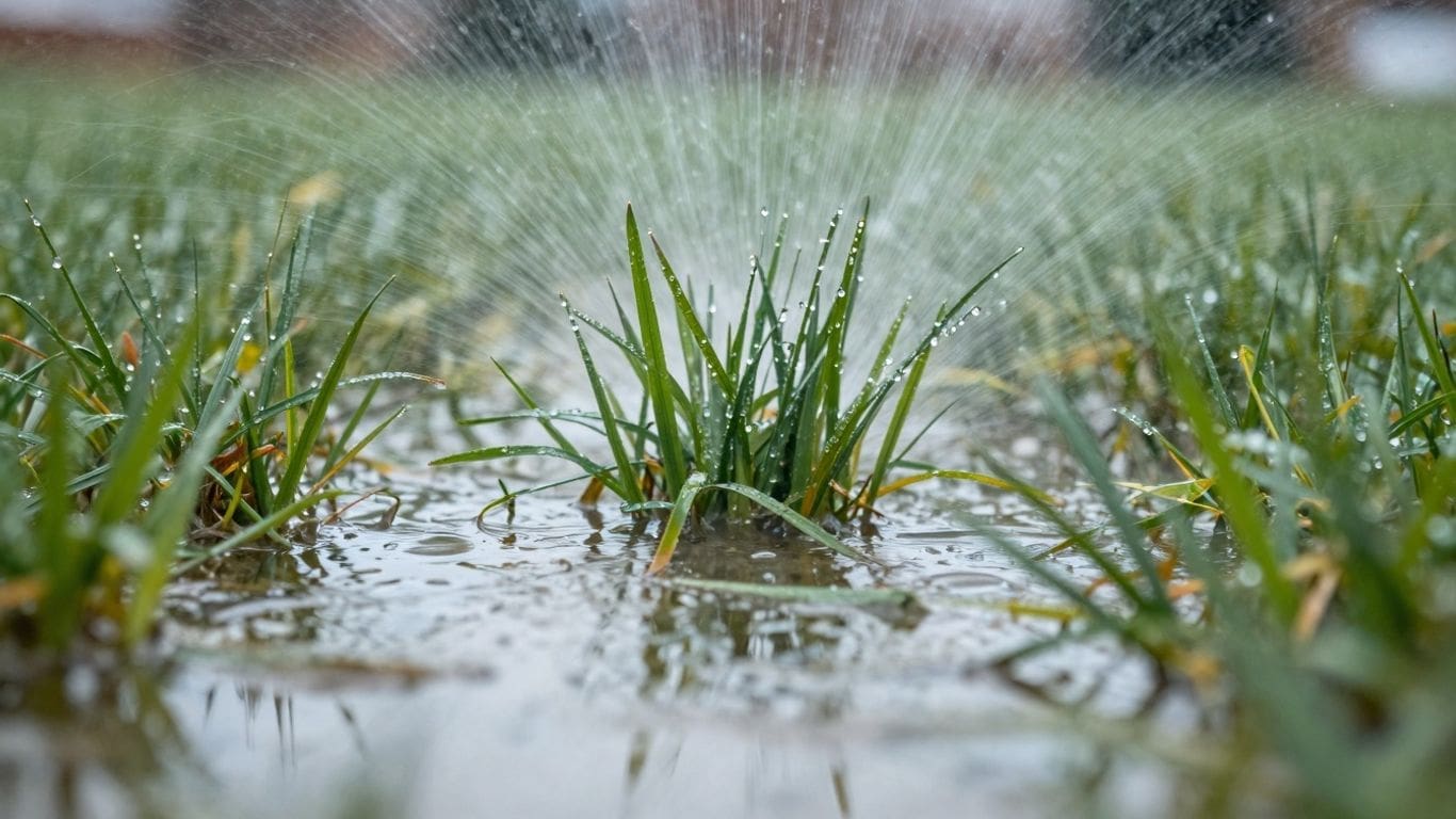 close-up of grass with water droplets from sprinkler