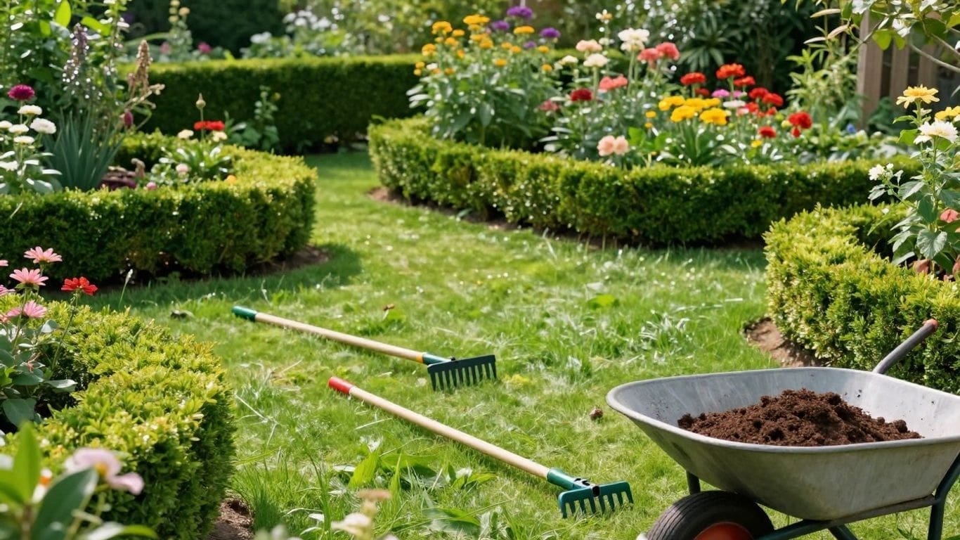 wheelbarrow with soil and rakes in colorful flower garden