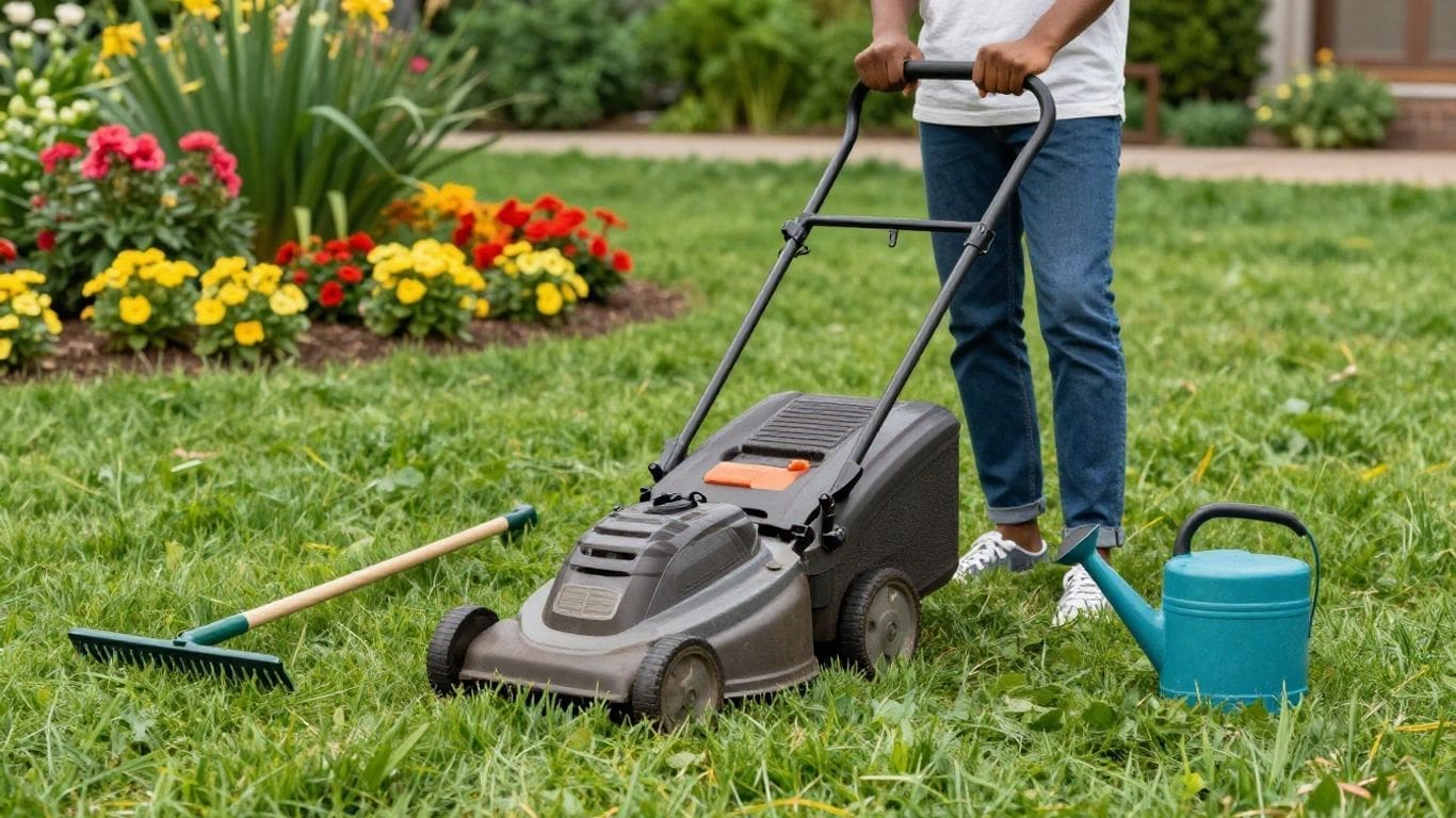 Person mowing lawn with flowers, rake, and watering can