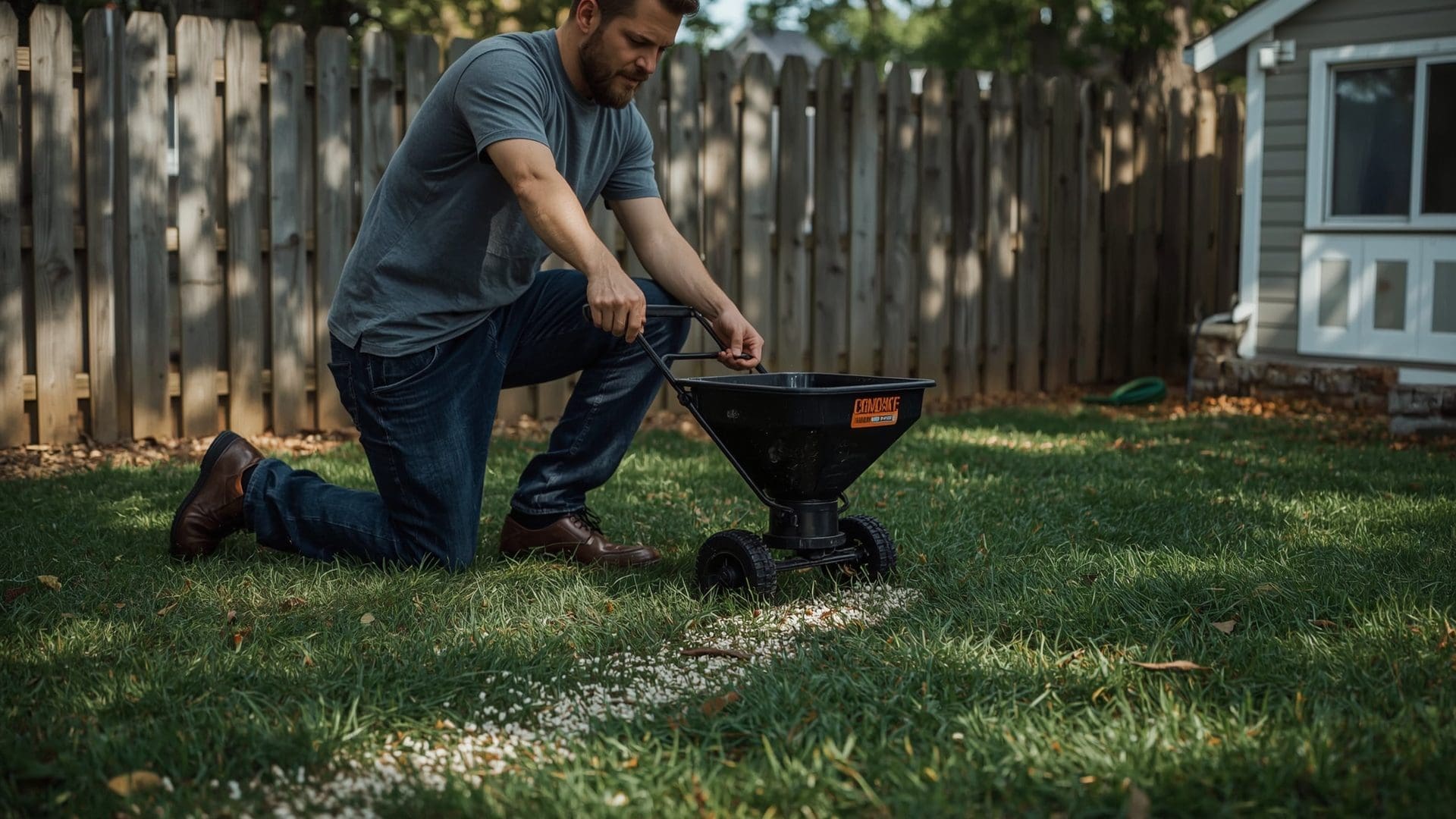 Man kneeling on grass using a broadcast spreader