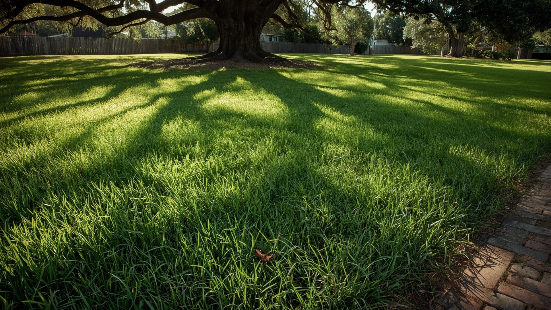 St. Augustinegrass growing lush under live oak tree canopy in shaded Southern yard
